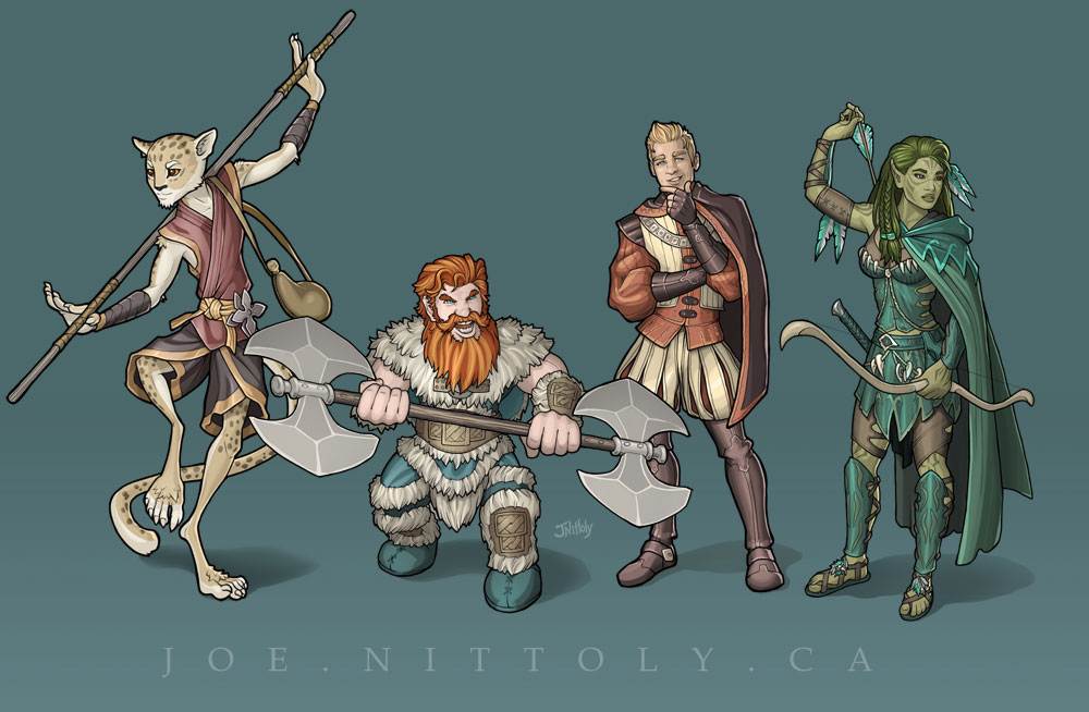 Illustration of 4 fantasy adventure characters: tabaxi monk, dwarf barbarian, human rogue, wild elf ranger.