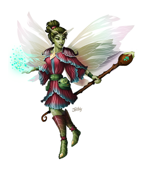 Fantasy illustration of a winged faery spellcaster, by Joe Nittoly