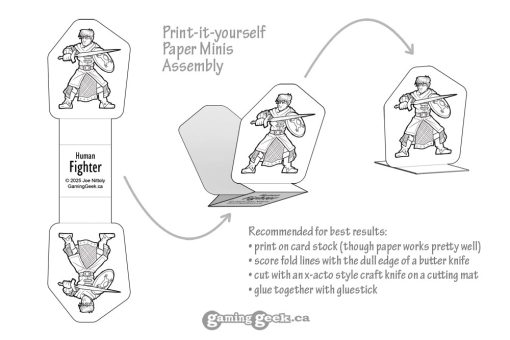 Infographic for how to assemble Gaming Geek print-it-yourself paper minis.